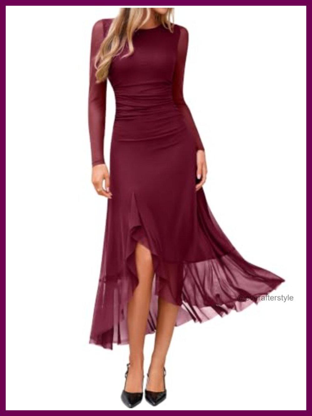 BerryGo Women's Long Sleeve Mesh Midi Dress Ruffle Hem Wedding Guest